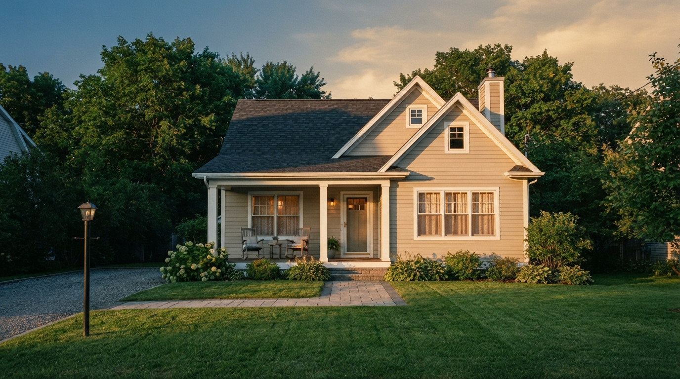 Beige gabled house with a covered porch, landscaped yard, driveway lantern, and trees at sunset.