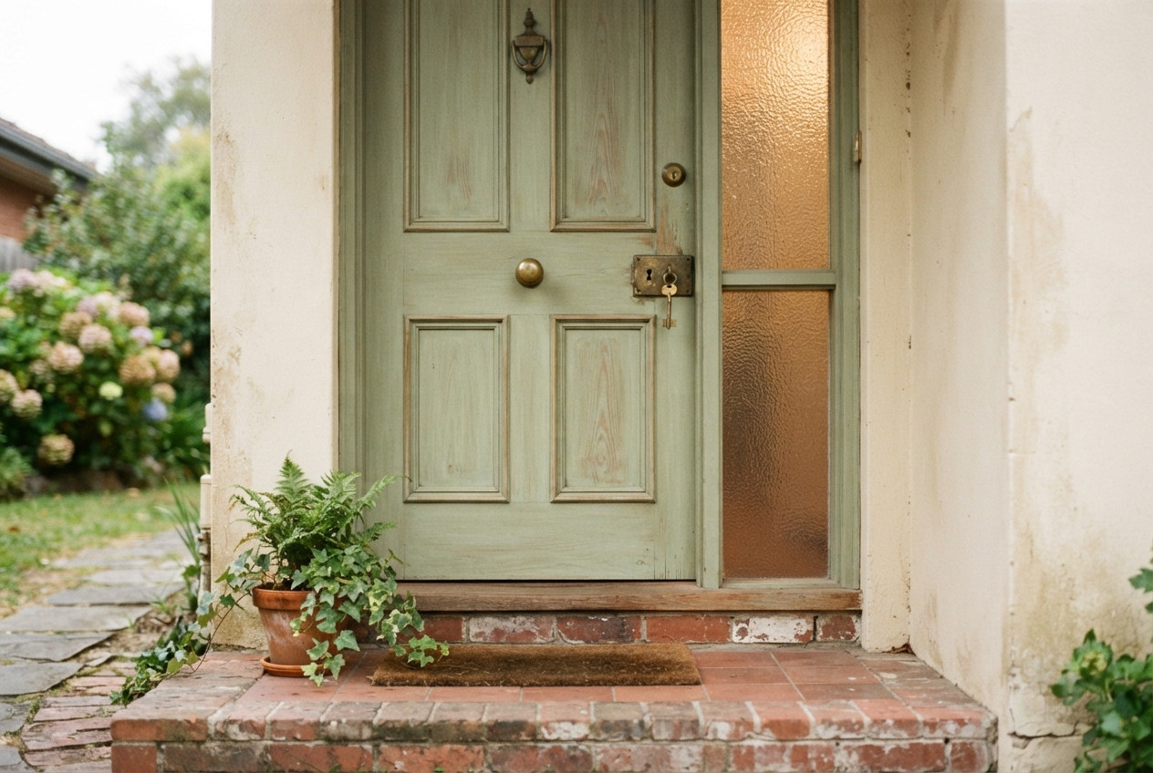 Weathered sage-green front door with keys, amber sidelight, potted plants, and brick steps.