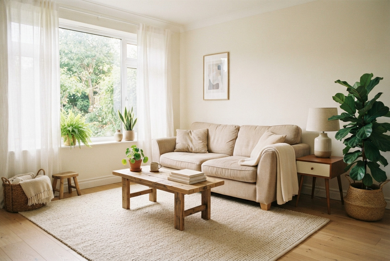 Bright beige living room with sofa, wooden coffee table, plants, large window, and woven rug.